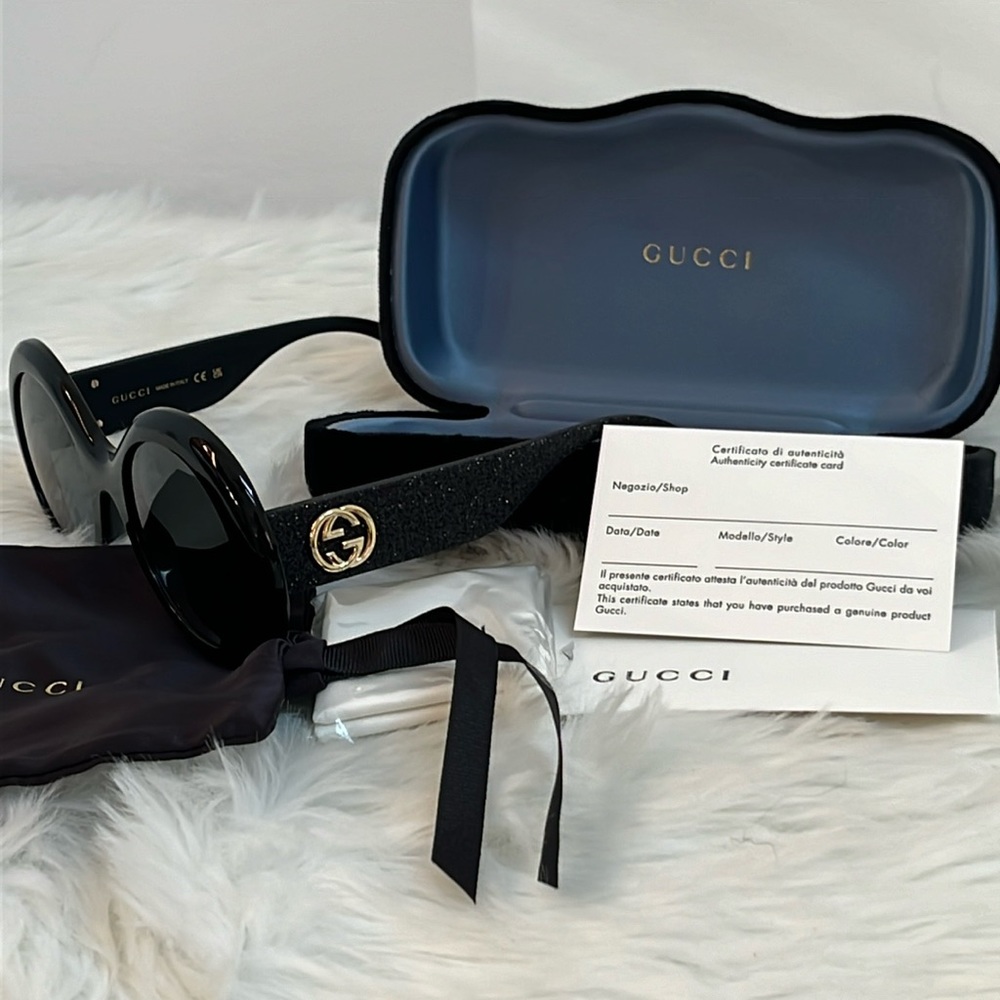 NEW GUCCI SUNGLASSES GG0101S 001 WOMEN ROUND GUCCI GG0101S BLACK Glitter Details